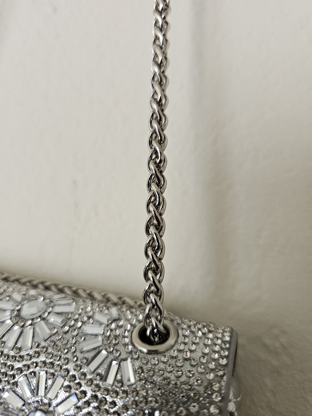 Rhinestone Embellished Silver Evening Clutch with Chain - Picture 7 of 11